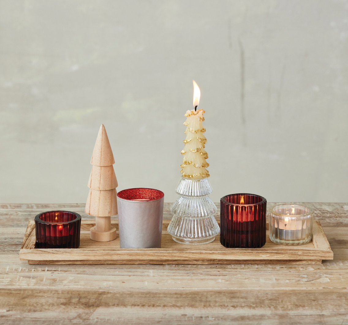 Wood Tray with Glass Votive Holders + Wood Tree