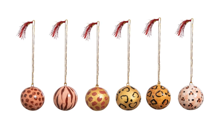 Hand-Painted Paper Mache Ball Ornament in Animal Print Pattern