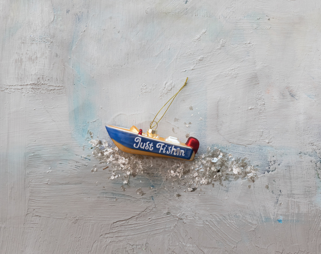 Glass "Just Fishin" Boat Ornament with Glitter