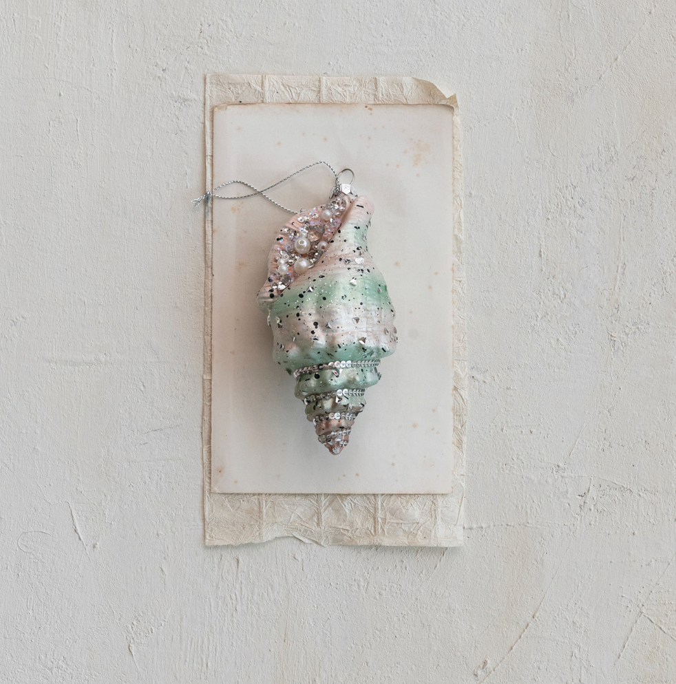 Glass Conch Shell Ornament with Glitter and Beads