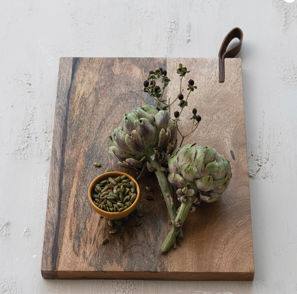 Mango Wood Cheese + Cutting Board with Leather Handle