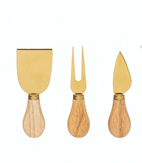 Stainless Steel Cheese Knives with Oak Wood Handles in Gold Finish