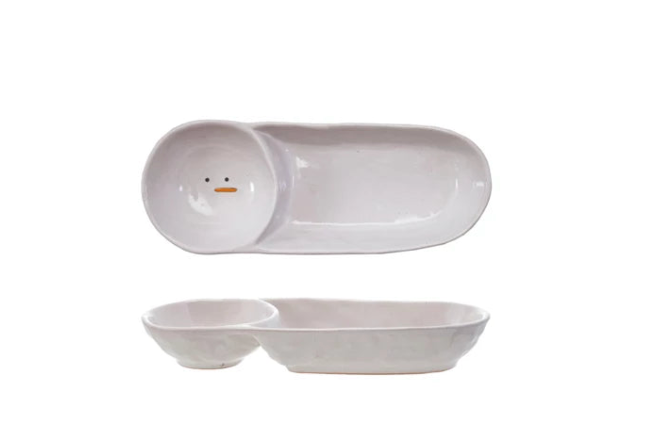 Stoneware Two-Section Dish with Snowman Face
