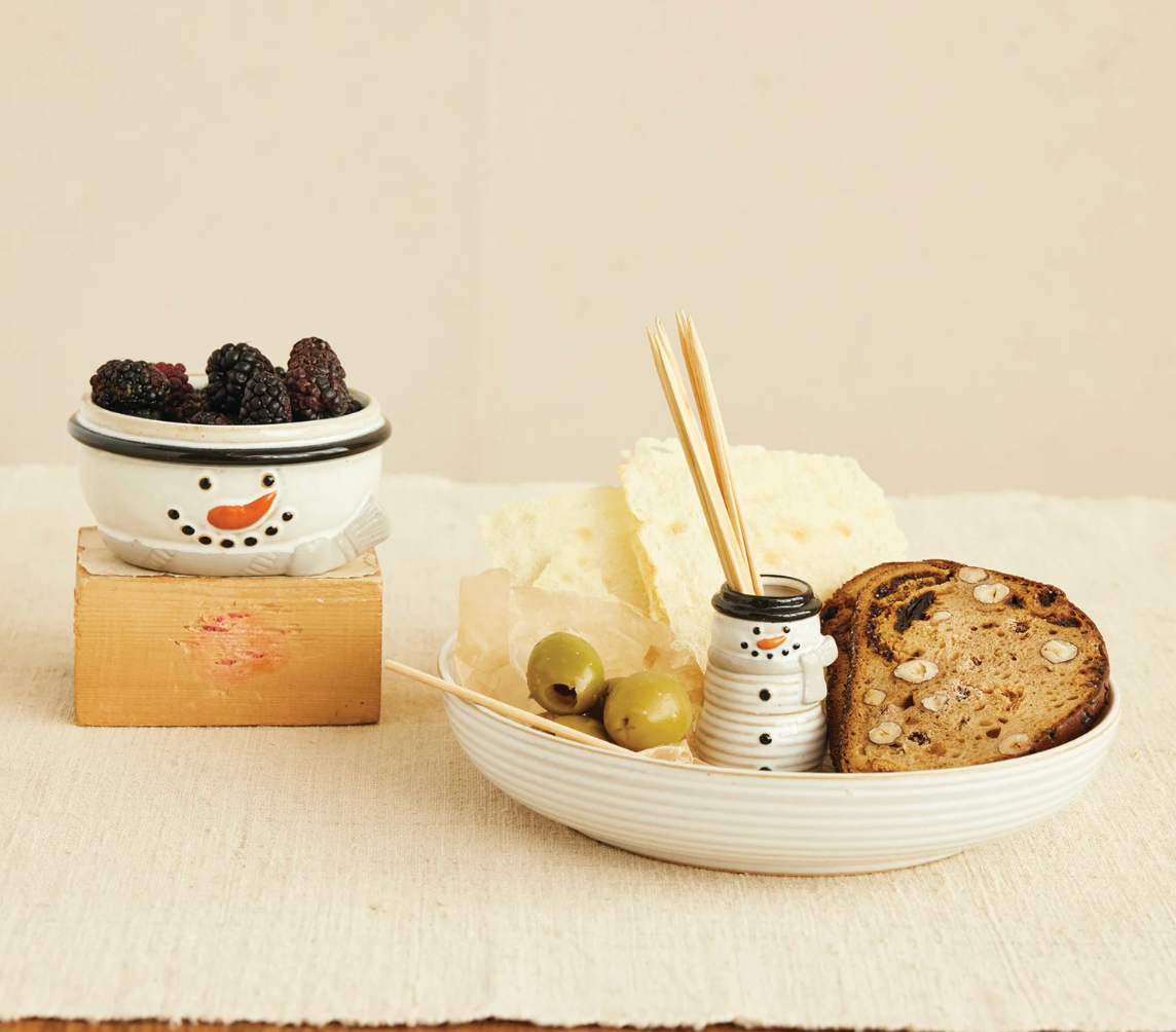 Stoneware Bowl with Snowman Shaped Toothpick Holder