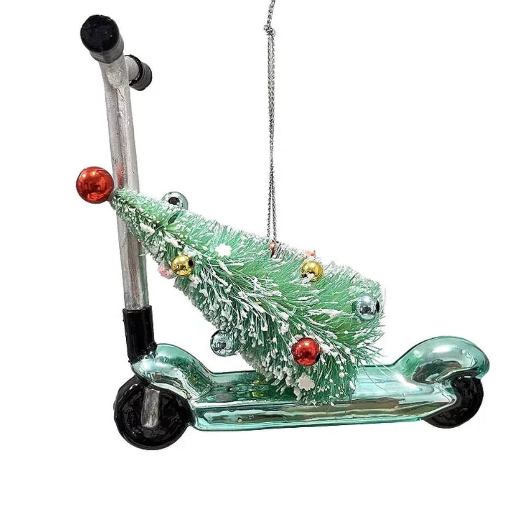 Glass Scooter Ornament with Bottle Brush Tree