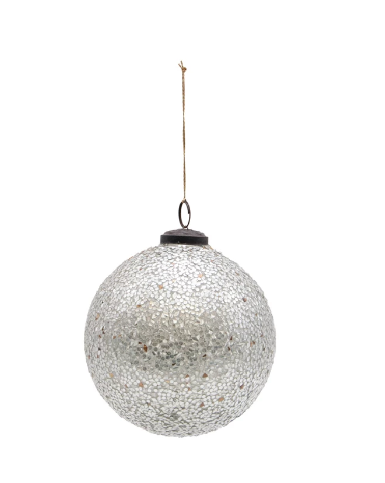 Round Glass Ball Ornament with Mica Flakes in Silver