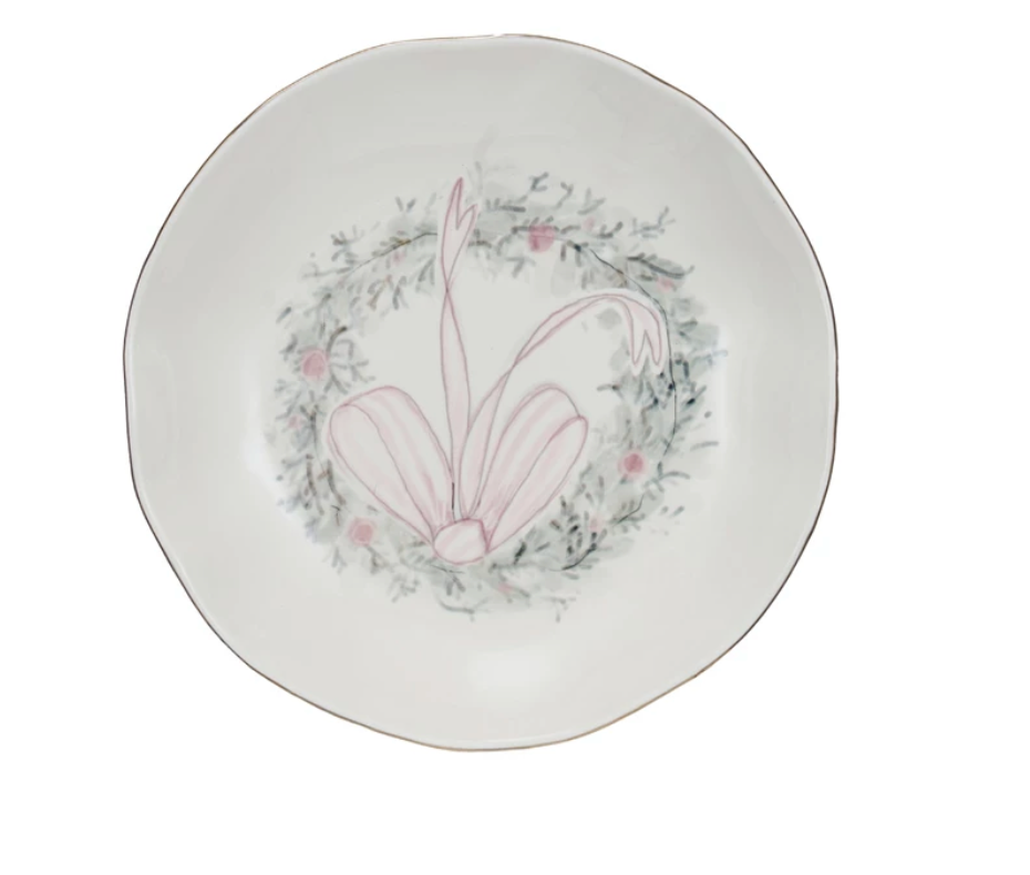 Stoneware Bowl with Wreath and Gold Etching