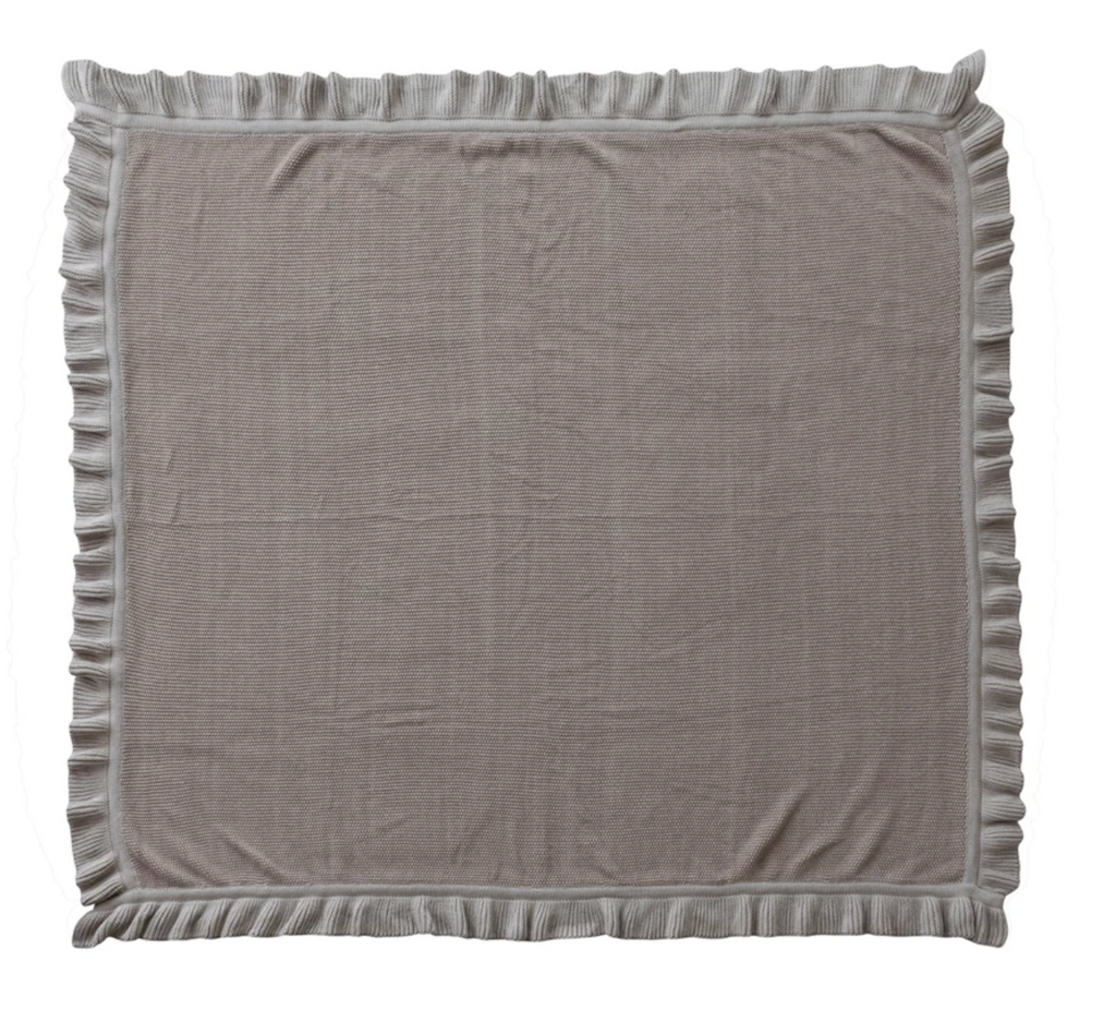 Cotton Knit Throw with Ruffle in Taupe