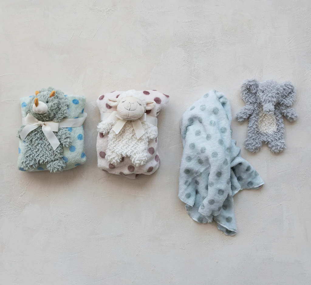 Plush Animal with Polka Dot Blanket