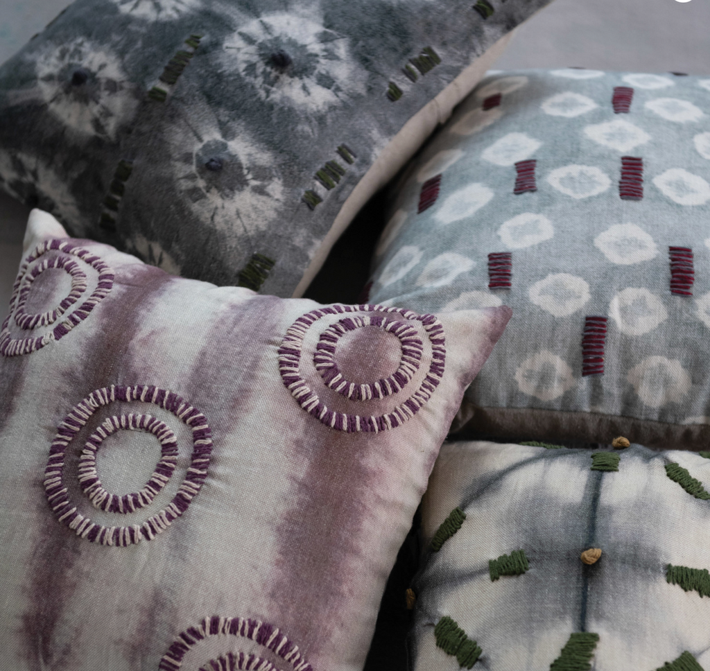 Linen Printed Pillow with Hand-Embroidery