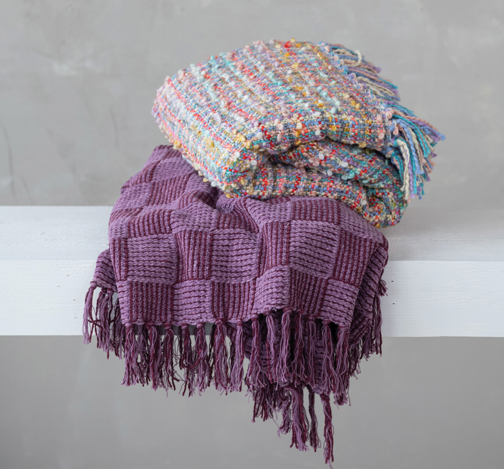 Woven Cotton Blend Slub Throw with Fringe