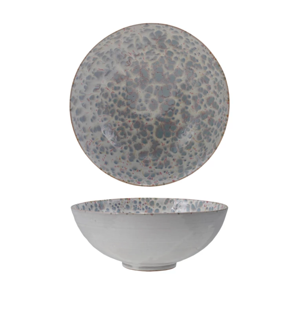 Stoneware Serving Bowl with Reactive Glaze in Blue + White