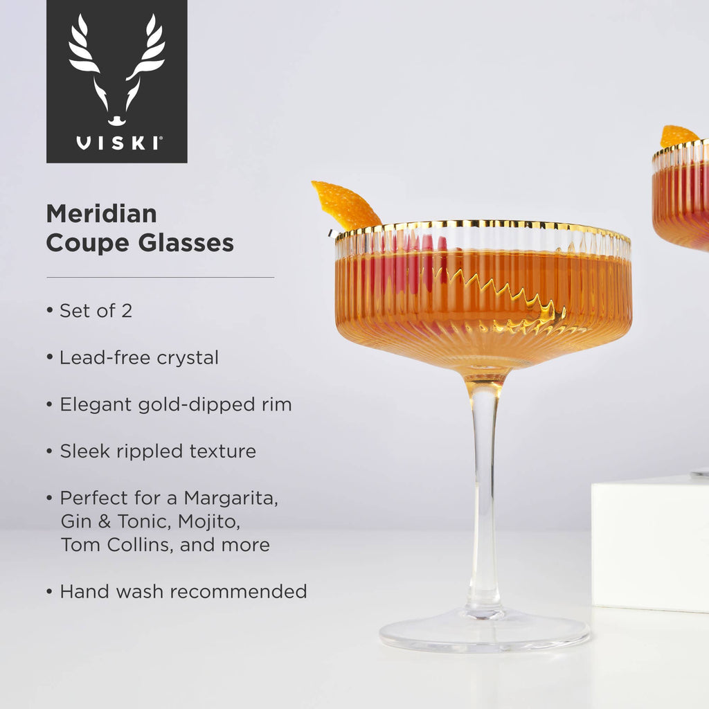 Deco Meridian Gold Rimmed Crystal Coupe Glasses Set of 2