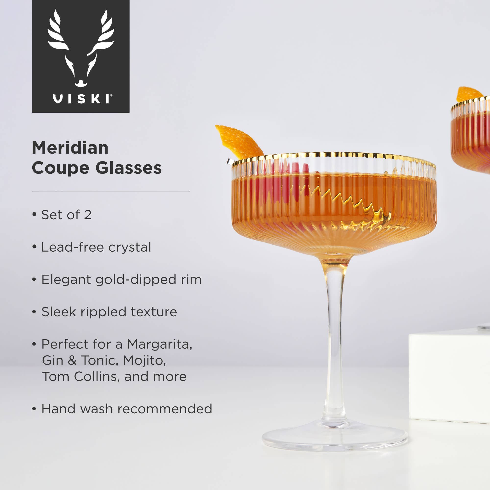 Deco Meridian Gold Rimmed Crystal Coupe Glasses Set of 2