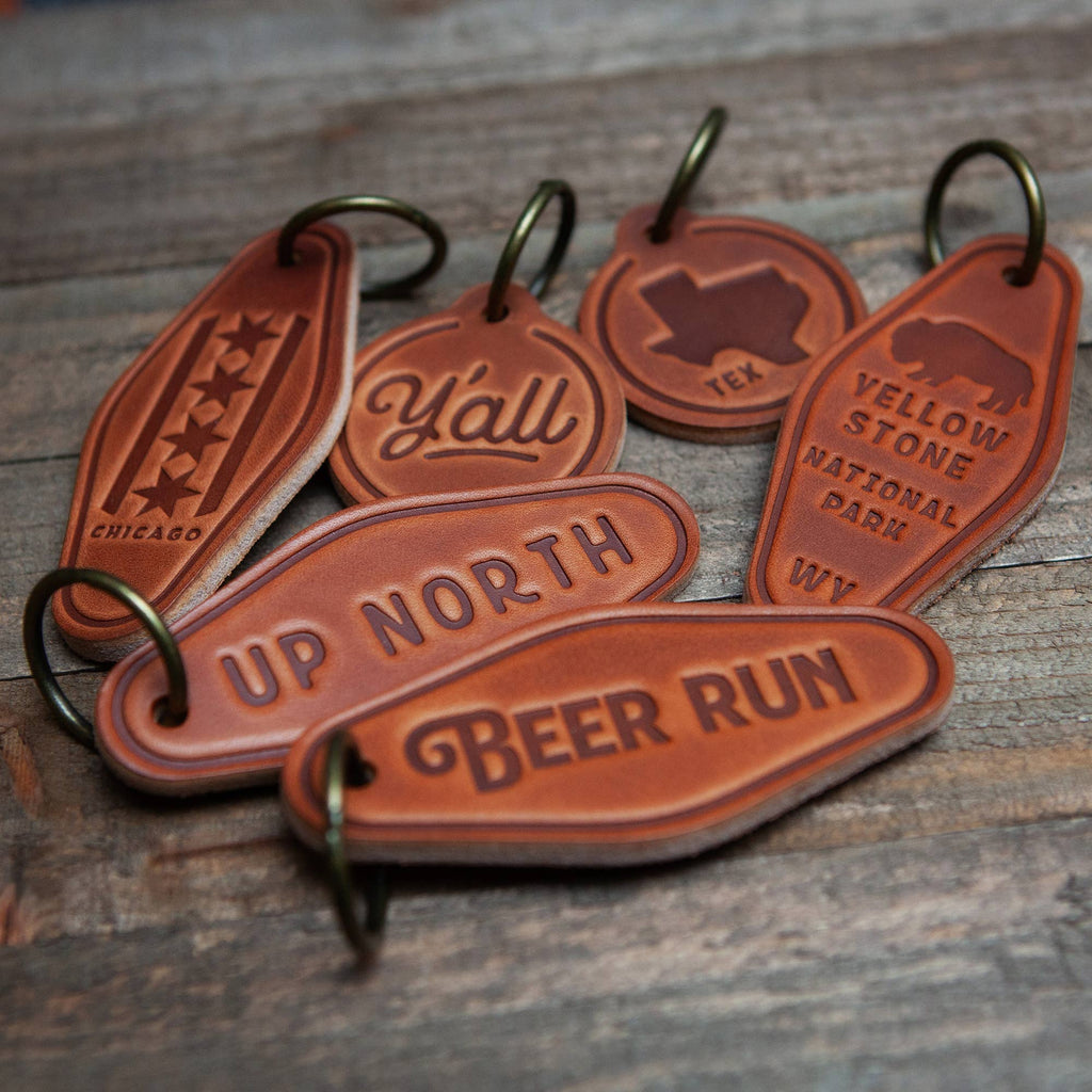 Home Script Leather Keychain Motel Style