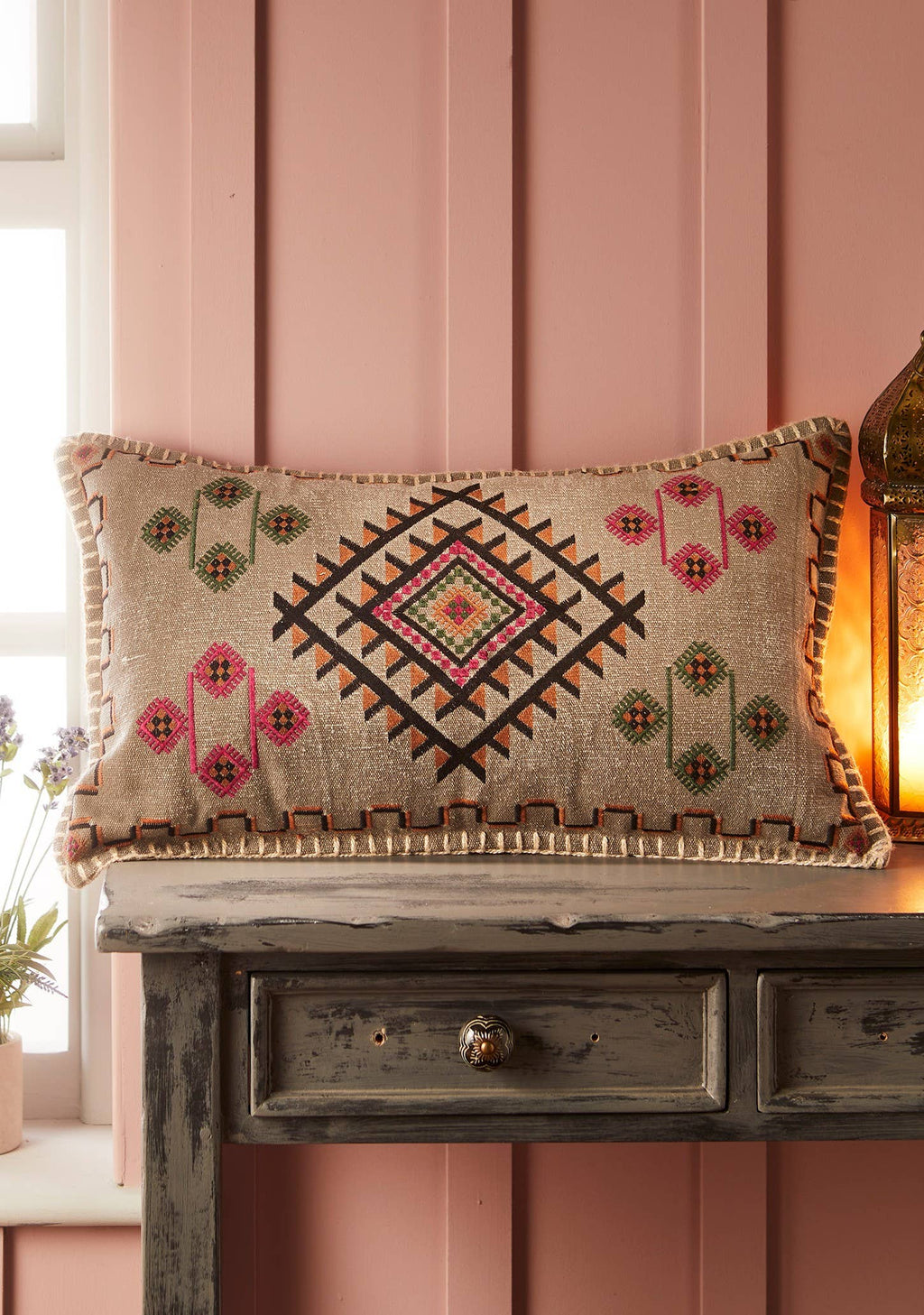 Satara Embroidered Stone Wash Lumbar Pillow