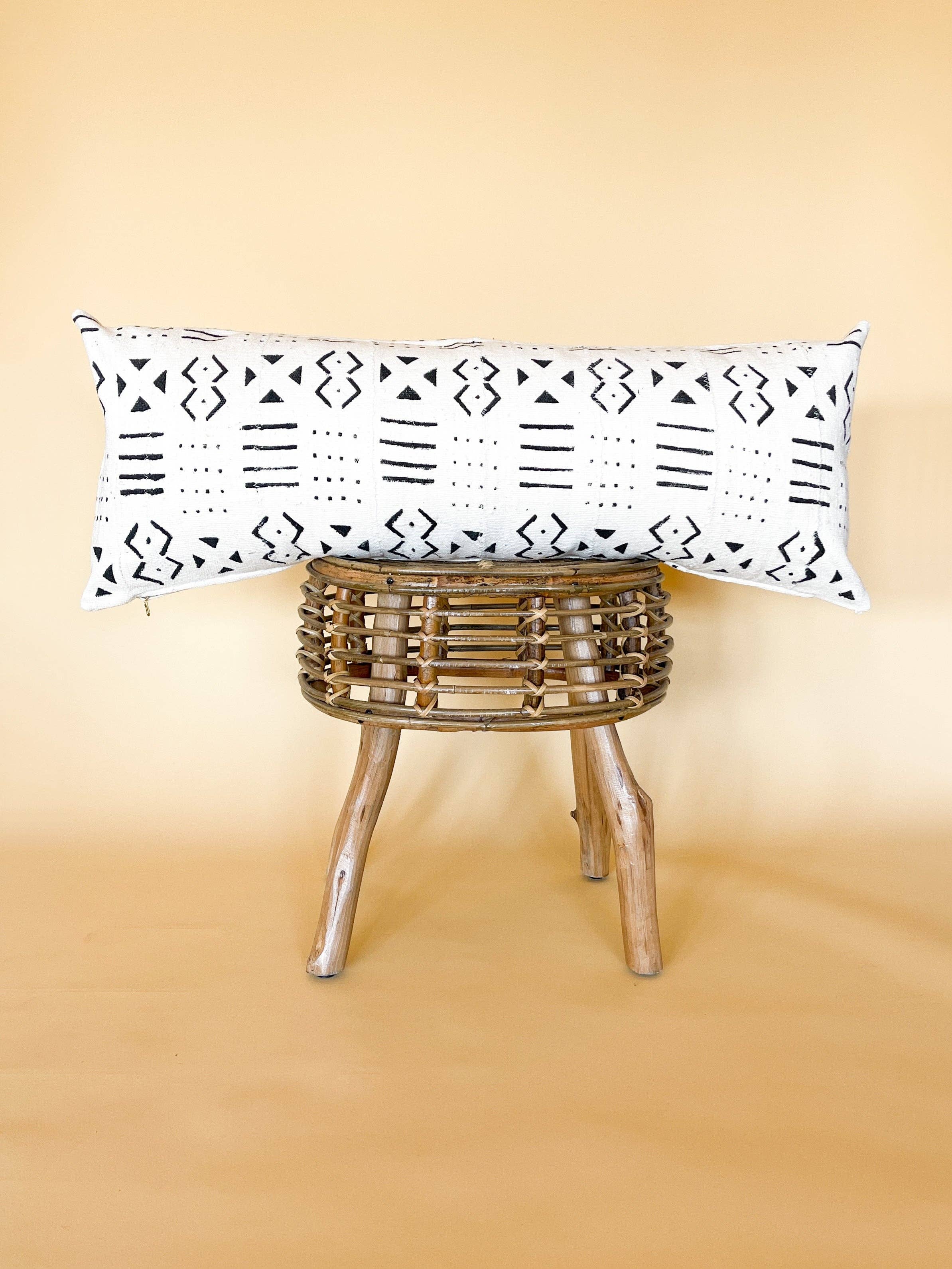 White Mudcloth Long Lumbar Pillow 101