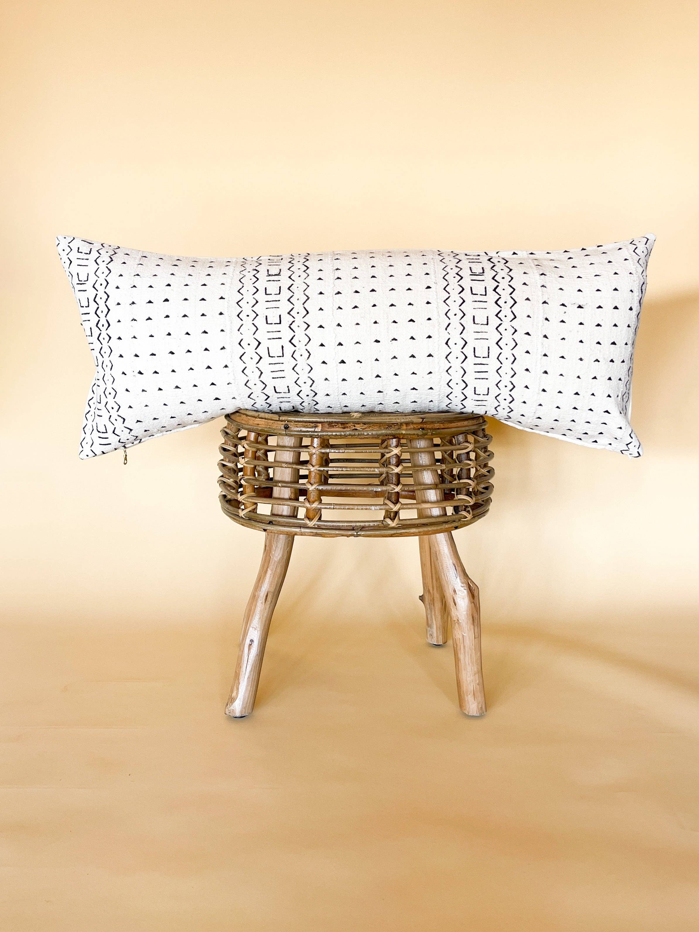 White Mudcloth Long Lumbar Pillow 102