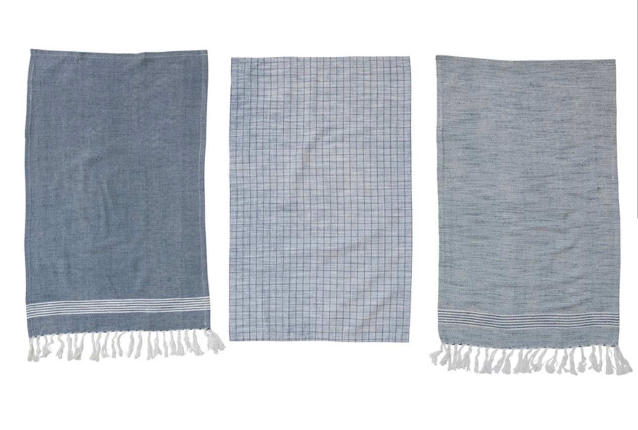 Organic Cotton-Blend Tea Towels in Blue + White