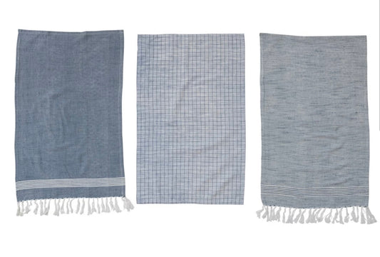 Organic Cotton-Blend Tea Towels in Blue + White