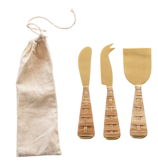 Cheese Knives - Gold with Rattan Handles