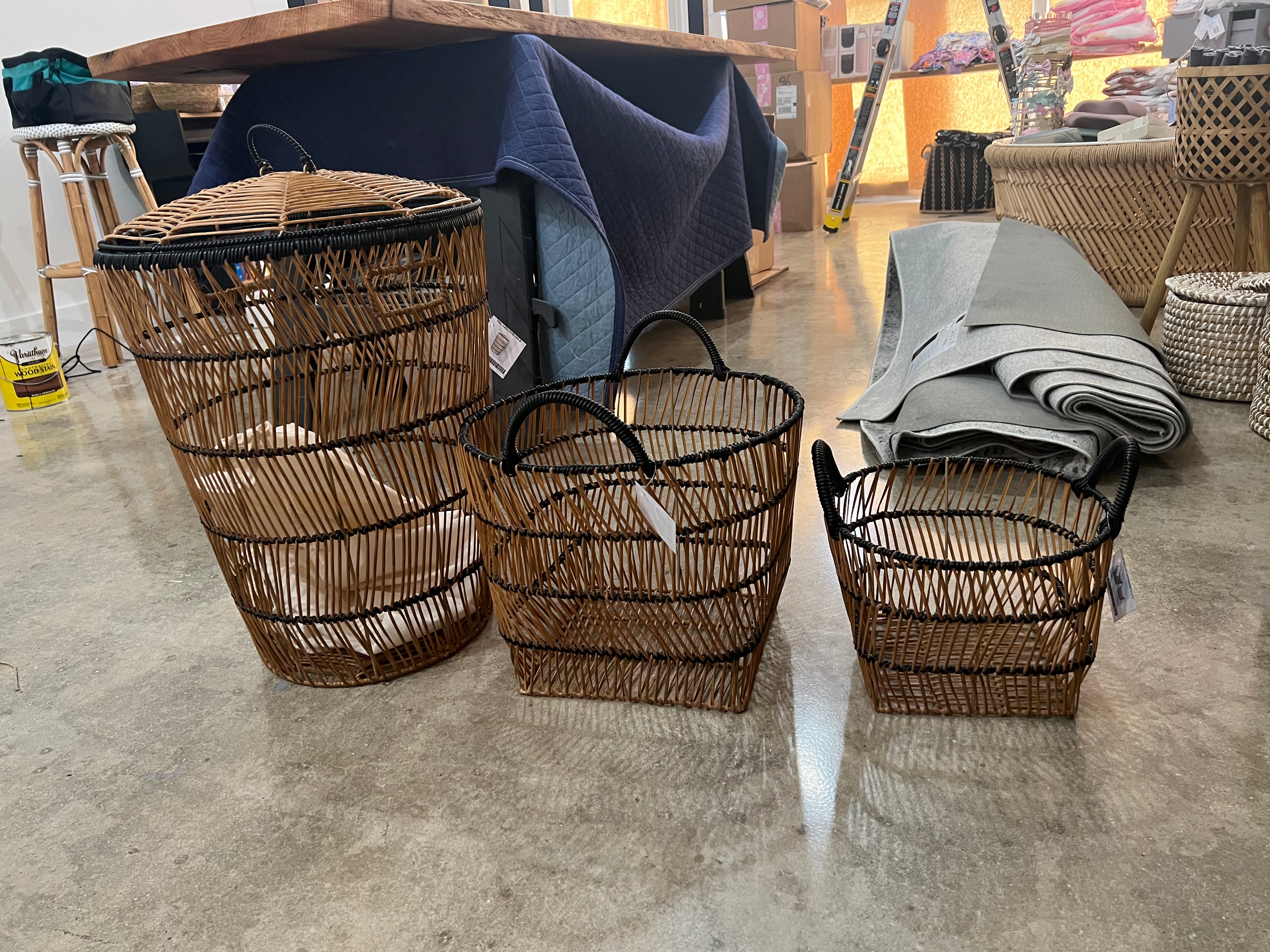 Black Ribbed Open Baskets with Handles